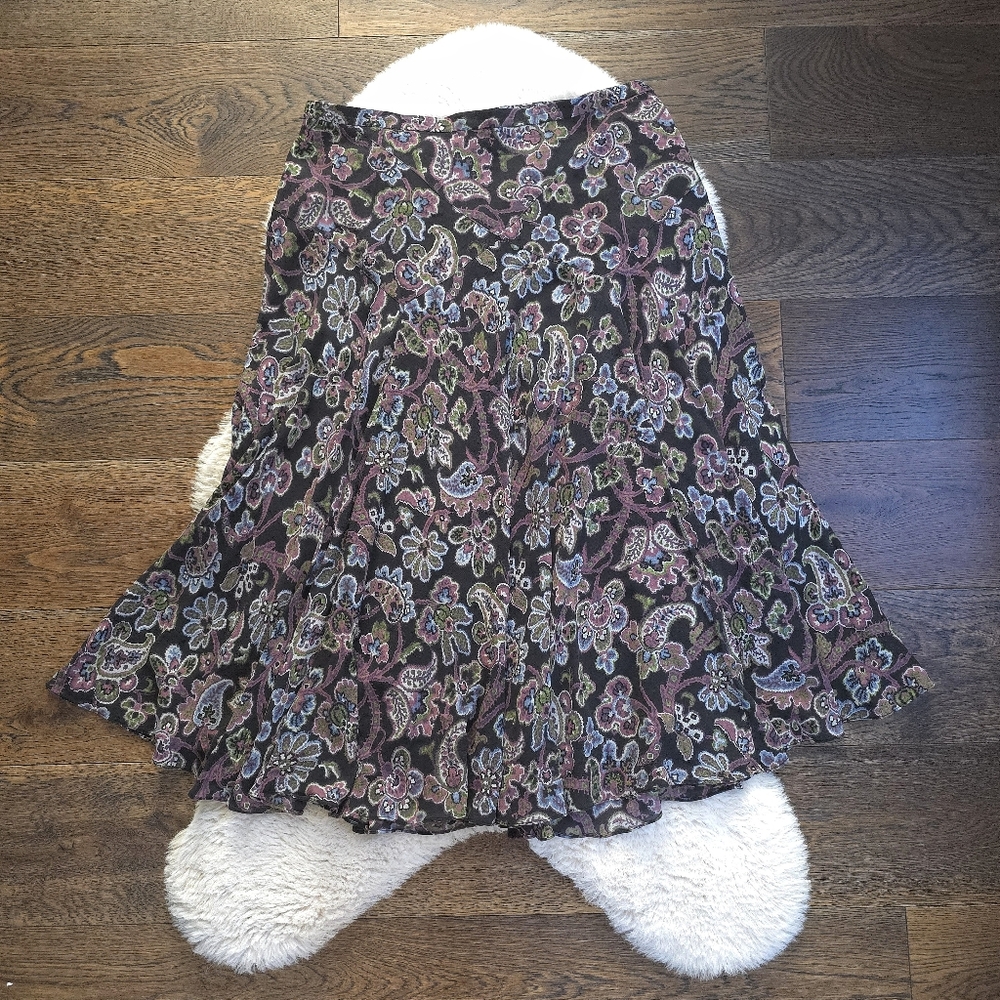 Vintage Whimsygoth Y2K Purple Dark Floral Romantic Paisley Silk Midi Skirt